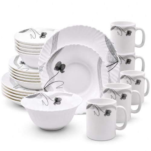 Image of HOMSMYTH 24 Pcs Opal Glass Dinner Set for 6 People, Black Floral Dinnerware Set, 10.5" Dinner Plates, 8.5" Soup Plates, 6" Bowls & 320ml Mugs, Microwave & Dishwasher Safe, White Tableware Set (24 Pcs)