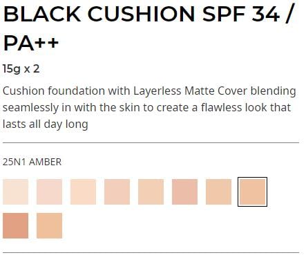 Close-up of HERA Black Cushion shade swatches, with 25N1 Amber highlighted.