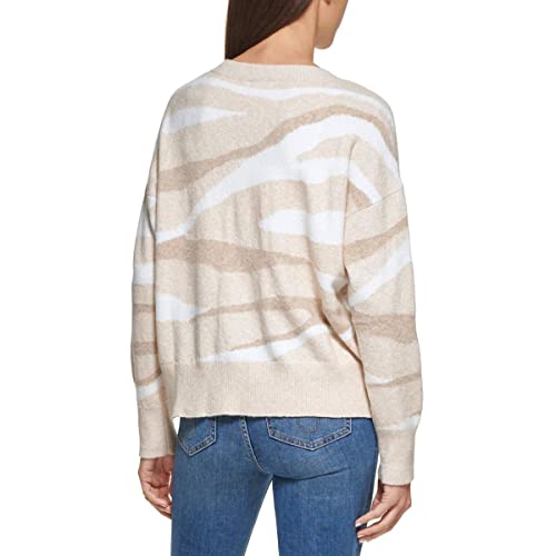 Calvin Klein Womens Intarsia Zebra Ribbed Trim Crewneck Sweater, Latte/Winter, Medium #TOP3