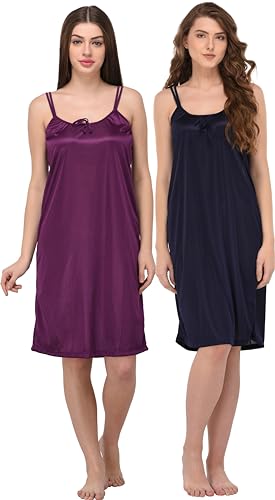 Image of You Forever Women Sexy Satin Striped Solid Above Knee Length Nighty, Loungewear, Nightwear, Sleepwear, Home Wear Short Nighty for Women Pack of 2