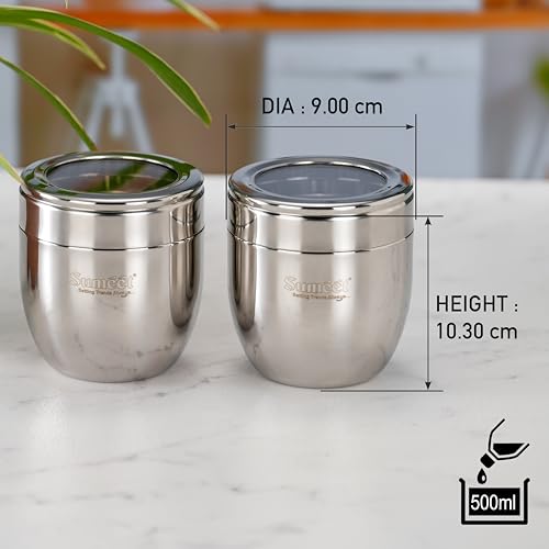 Image of Sumeet Stainless Steel Conical Shape Canisters /Dabba /Storage Containers for Kitchen with See Through Lid, Set of 2 Pcs, 500ml Each, 9cm Dia, Silver