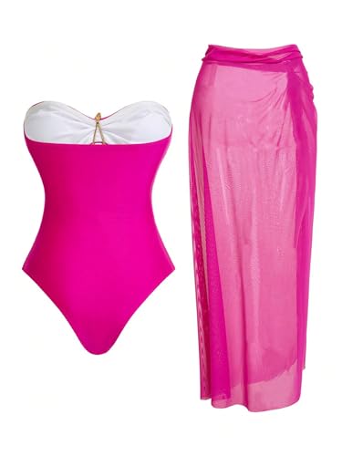 WDIRARA Women's Metallic Starfish Cut Out Strapless Bandeau Swimsuit with Cover Up Skirt 2 Piece Bathing Suit2