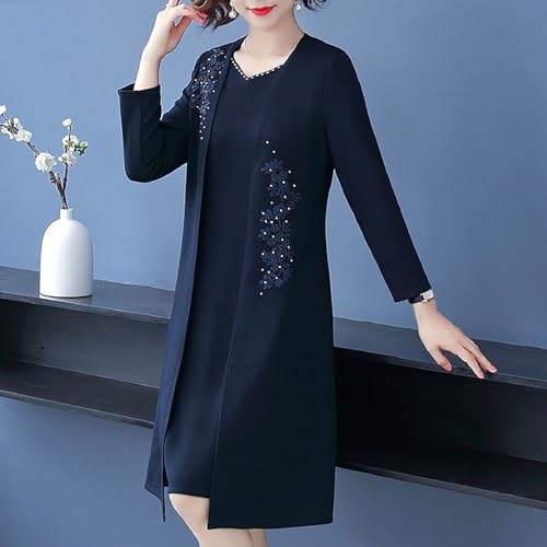 Classic Women Suit Solid Color Long Coat Dress Set 2 Pcs/set Elegant Spring Autumn Mid Length with Flower Embroidery2