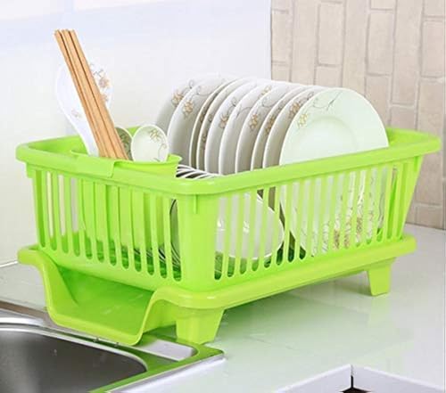 HomeWiz Dish Drying Rack | 3 in 1 Heavy-Duty Dish Drainer Basket with Drain Tray & Built in Cutlery Holder | Strong Plastic Dish Drying Rack for Plates & Bowls | Kitchen Countertop Organizer | Green