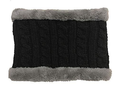 Image of Kids Knitted Hat and Scarf Set, Winter Fleece Lining Wool Beanie Hat Neck Warmers (Black)