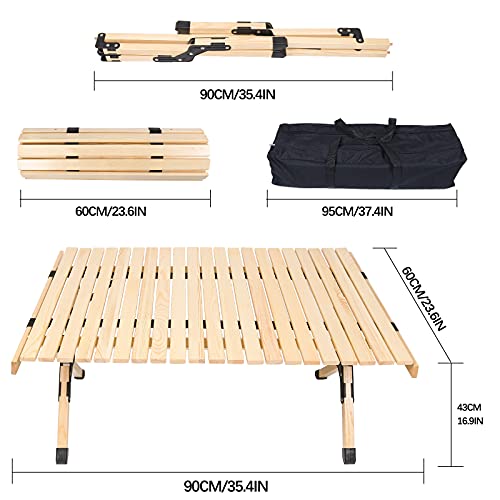 Caleptong Portable Camping Folding Wood Table Outdoor Picnic Table, Cake Roll Wooden Camping Table With A Bag For Picnic Camping, Bbq, Travel - 35.4 Inches #TOP2