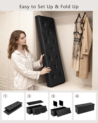 GLAXYFUR Storage Ottoman Bench, 43 Inches Folding Ottoman with 2 Dividers, PU Leather Foot Rest, End of Bed Bench, Storage Chest for Living Room, Bedroom and Entryway, Black — view 6
