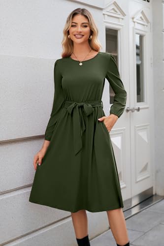 Image of Newshows Womens Long Sleeve Casual Dresses 2025 Business Work Teacher Fall Church Belted A Line Flowy Midi Dress