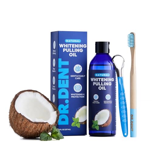 DR.DENT Bain de bouche à l'huile de coco (oil pulling) – Blanchiment naturel des dents et haleine fraîche – Sans alcool – Sans fluorure, 237 ml – Brosse à dents et gratte-langue inclus