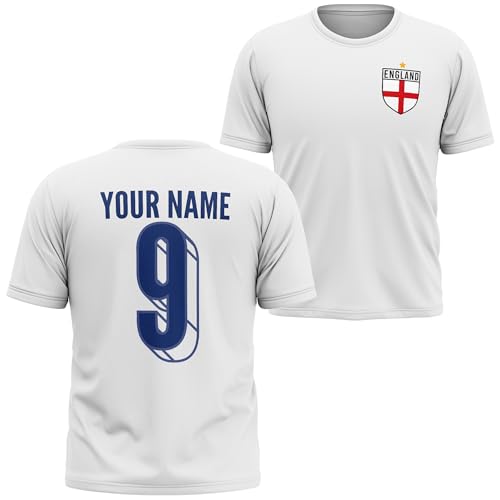 England 2025 Badge Name and Number Kids T Shirt Personalised Football Supporter Boys Girls English Tee Home & Away, 7-8 Years, White