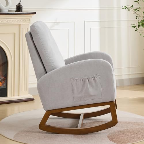 Image of Rocking Chair Nursery, Glider Rocking Accent Chair with Wood Legs, High Back Pocket Modern Upholstered Nursery Chair, Comfy Accent Rocker Armchair for Living Room Bedroom, Light Gray