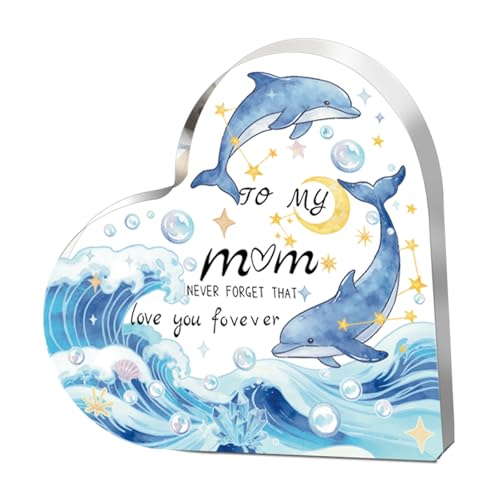 TangBaoBei Acrylic Plaque Heart Shaped Mother‘s Day Gift, Mother & Baby Dolphin Ocean...