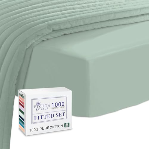 Pizuna Luxurious Cotton Super King Fitted Sheet Sea Foam, 1000 Thread Count 100% Long Staple Cotton Superking Fitted Sheet 180x200 cm, Sateen Weave Thick Sheet Extra Deep 40 cm Fit - 1 PC