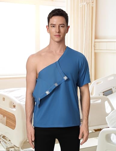 Image of Magnetic Buttons Post Shoulder Surgery Recovery Shirt for Men V-Neck Tear Away Adaptive Chemo Port Clothing for Women
