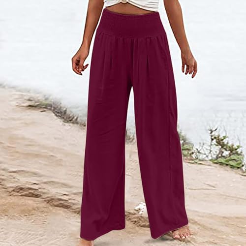 Wide Leg Womens Linen Pants High Waisted Straight Palazzo Pants Breathable Vacation Summer Lounge Casual Trousers2