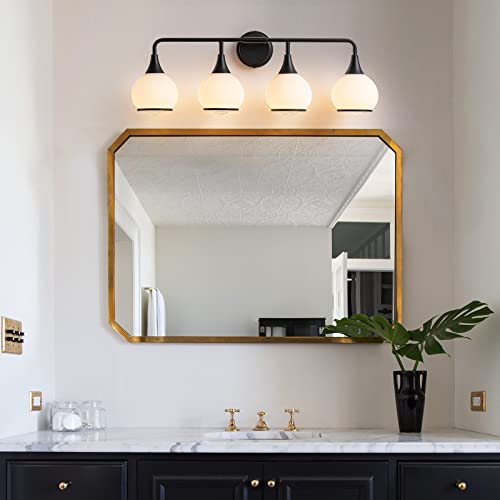 Image of Black Bathroom Light Fixtures 4-Lights Vanity Lights with Milky White Frosted Glass Shade Bathroom Vanity Light 30.7 inch Wall Sconce Lighting Bath(Exclude E26 Bulb)