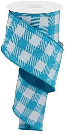Plaid Check Wired Edge Ribbon, 50 Yards (Turquoise Blue, White 2.5")