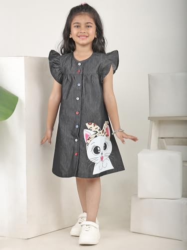 Image of superminis Girls Denim Solid Color Half Sleeves Dress with Embroidered Pocket (1 Dress)