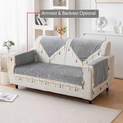 Image of HOKIPO 'Serenity Tassel' Chenille 2 Seater Sofa Cover with Tassel - Glacier Silver (IN-891-LGRY)
