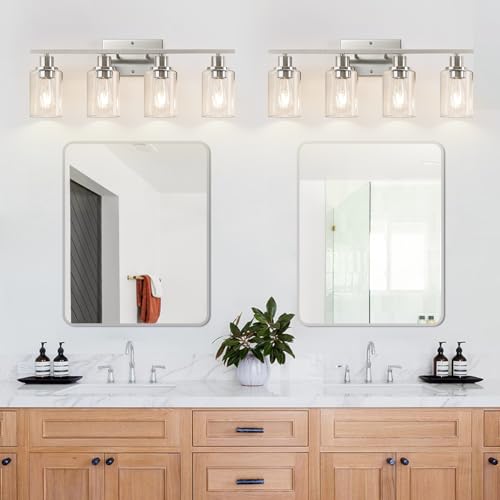 Image of Indoi 4-Light Bathroom Light Fixtures, Brushed Nickel Modern Vanity Lights with Clear Glass Shades, Bathroom Wall Lamp for Mirror Living Room Cabinet Bedroom Porch