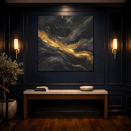 Tableau abstrait marbre noir et or 35x35 cm pour décoration murale de salon