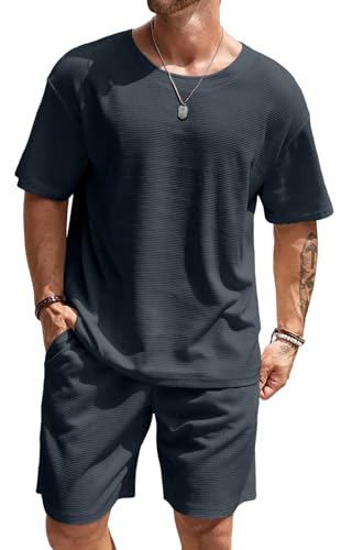 Vssjavun Mens Short Sets 2 Pieces Outfits Waffle Knit Lounge Set Short Sleeve Summer Casual Tracksuit