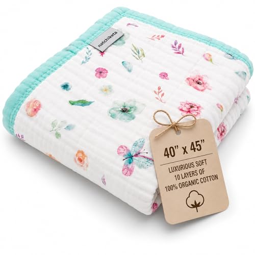 Image of Organic Cotton Muslin Baby Blanket for Boys and Girls - Luxurious Soft Toddler Quilt for Swaddling - Gender Neutral Blanket - Baby and Toddler Gift - Pastel Floral