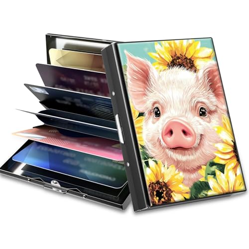 Image of Slim Credit Card Holder, Pig Sunflowers RFID Blocking Metal Wallet for Men & Women, Aluminum Minimalist Hard Case Pocket-Sized Business Cards Organizer (Fits Up to 10 Cards)