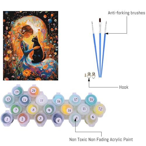 Image of Clendo DIY Paint by Numbers Kit for Adults Beginners, Cat and Moon Adult Paint by Numbers on Canvas, Acrylic Painting Crafts for Home Decor (16x20inch)