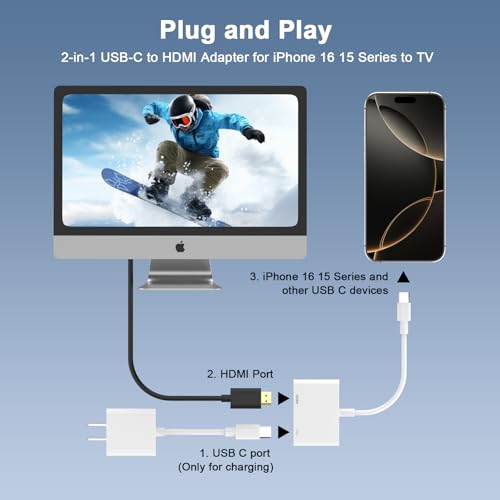 [MFi Certified] USB C to HDMI Adapter, USB Type C to Digital AV Adapter 4K Sync Screen Connector Cable Compatible for iPhone 16/16 Plus/16 Pro/16 Pro Max/15/15 Pro/15 Pro Max to HDTV Projector Monitor - Thumbnail 2