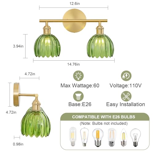 Image of Gold Bathroom Light Fixtures Over Mirror, 2 Light Bathroom Vanity Light with Tulip Green Glass Lampshade, Vintage Vanity Lights for Bathroom Living Room Hallway