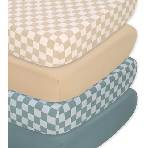 The Peanutshell 4-Pack Organic Fitted Crib Sheet Set - Soft & Breathable Baby Girl or Boy Crib Sheets, 100% Jersey Cotton Nursery Decor, Fit for Standard Crib Mattress Sheet - Check Cover