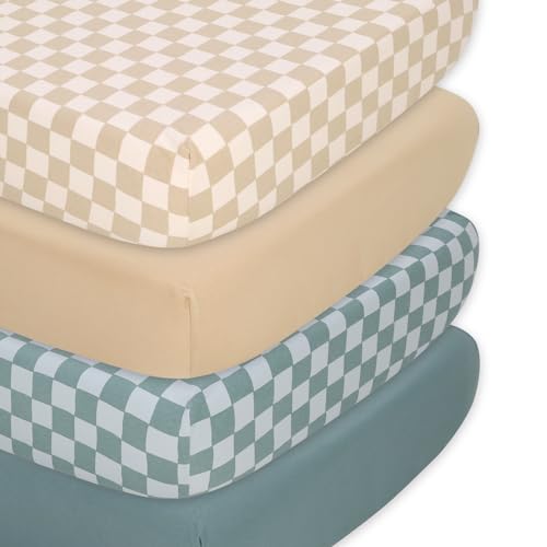 Image of The Peanutshell 4-Pack Organic Fitted Crib Sheet Set - Soft & Breathable Baby Girl or Boy Crib Sheets, 100% Jersey Cotton Nursery Decor, Fit for Standard Mattress Cover- Check
