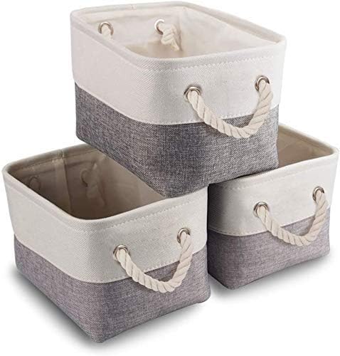 Mangata Canvas Storage Box set of 3, Foldable Fabric Storage Baskets with Handles for Cupboards, Wardrobe, Shelves, Clothes, Toys, Towel, Bathroom(Small, Grey White)
