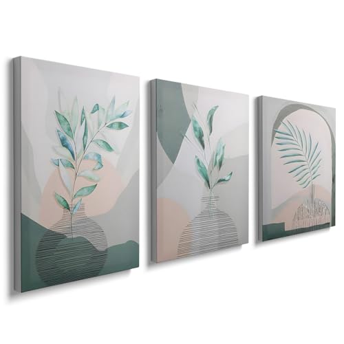 Image of prinfantasy Canvas Wall Art for Living Room Set of 3 Framed Green Flowers Pictures Aesthetic Room Decor Modern Paintings Prints for Walls Gifts Art for Friends (12 x 16 inch) H0162