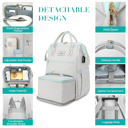 ETRONIK Lunch Backpack, 15.6 Inch Laptop Backpack with USB Port, Stylish Nurse, Teacher Work School Bag with Insulated Cooler Lunch Box for Women Men, College Backpack for Travel, Grey Blue2