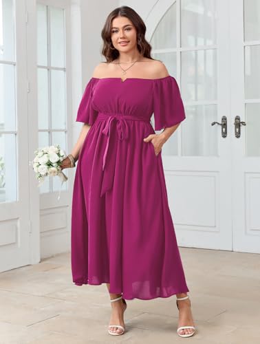 Image of SCOMCHIC Womens Plus Size Formal Dresses Off The Shoulder Wedding Guest Cocktail A-Line Split Maxi Dress with Pockets