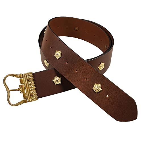Mythrojan Medieval Leather Belt Viking Knight Decorative Belt with Heavy Brass Buckle for Medieval Events, LARP, Renaissance