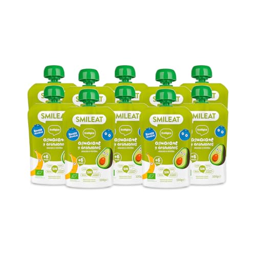 Smileat Pouch De Fruta Ecológica Para Niños Con Puré De Aguacate Y Arándanos Sin Leche, Sin Azúcares Y Sin Gluten Para Bebés A Partir De Los 6 Meses Pack De 10 X 100 G 1000g