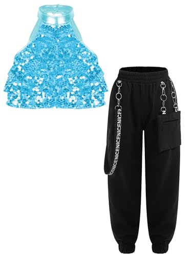 Crop top paillettes col montant et pantalon poches danse hip hop