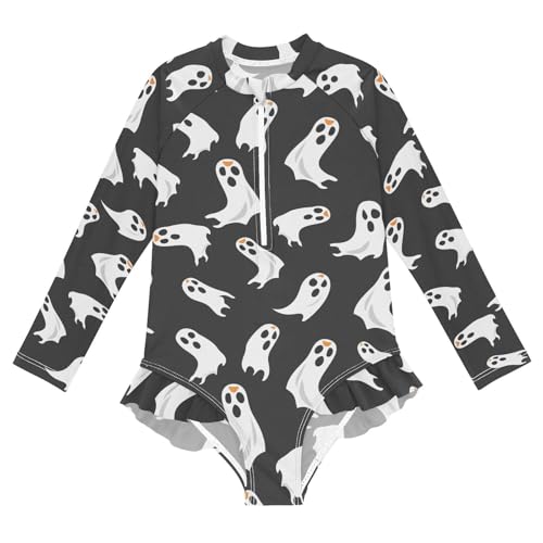 CaTaKu Girls One Piece Swimsuit Ghosts Funny Black Toddler Bathing Suit Long Sleeve UPF 50+ Rash Guard Swimwear 3-12Y