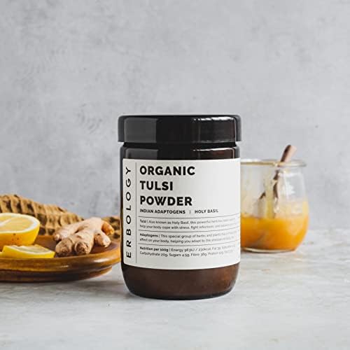 100% Organic Tulsi Powder 180g - Holy Basil - Calm and Mood - Straight from Farm - Raw, Vegan and Gluten-Free - Non-GMO - No Additives or Preservatives - Recyclable Glass Jar