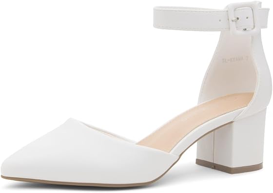 Shoe Land Closed Toe Heels for Women Low Block Pumps with Ankle Strap, Pointed Toe Comfortable Chunky Dress Shoes for Office Work Wedding