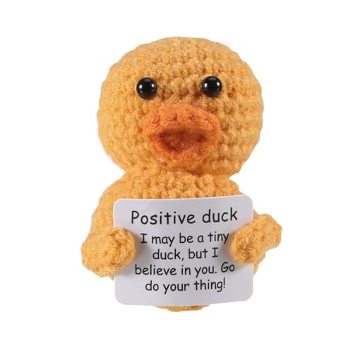 iewrtcin Funny Positive Good Luck Duck, Mini 2.95 Inch Crochet Worry Dolls with Inspiration Card, Wool Knitted Emotional Support Plush Gift for Birthday Party Rooms Office Decoration