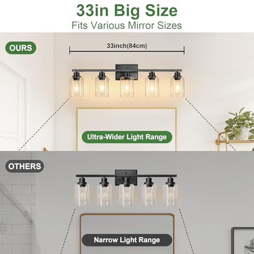 Image of Ascher 5-Light Bathroom Light Fixtures, 33 Inch Vanity Lights with Clear Glass Shade, Modern Black Finish Wall Light for Mirror Bedroom Hallway Cabinet Porch