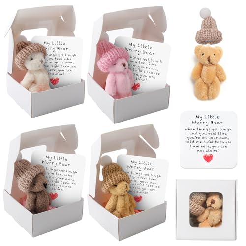 TOGETDREAM 4 Piezas Osito En Caja, Mini Osito de Peluche Hecho a Mano en Caja con Tarjeta Inspiradora Mini de Peluche de Bolsillo Pequeño Abrazo De Bolsillo para Regalos Amigos