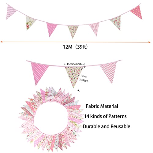 Image of Zwiebeco 39Ft Pink Floral Fabric Bunting Banner Triangle Flag Party Decorations Hanging Cotton Rustic Vintage Flowers Garland Pennants for Wedding Birthday Tea Nursery Home Outdoor Garden Accessories