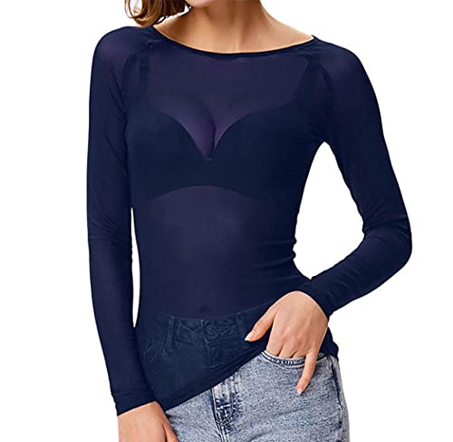 Camiseta transparente de manga larga con encaje y malla para mujer, azul marino, L