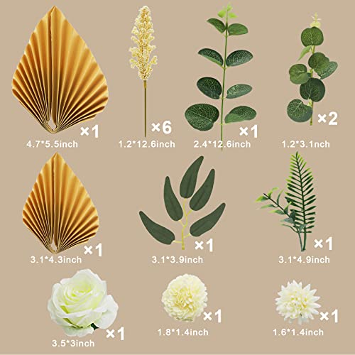 Lukinuo 16Pcs Boho Cake Topper Decoration Flower Cake Topper Gold Palm Leaves Cake Decoration White Rose Carnation Eucalyptus Willow Leaves Cake Décor For Bohemian Birthday Wedding Bridal Baby Shower #TOP1
