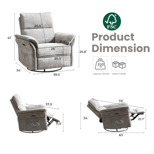 Rhevoy Oversized Power Recliner Chair Swivel Glider with Massage and Heat, Rocker Nursery Recliner for Adults with Adjustable Headrest, 26" Extra Wide Nursery Chair with Overstuffed Armrest,Light Grey